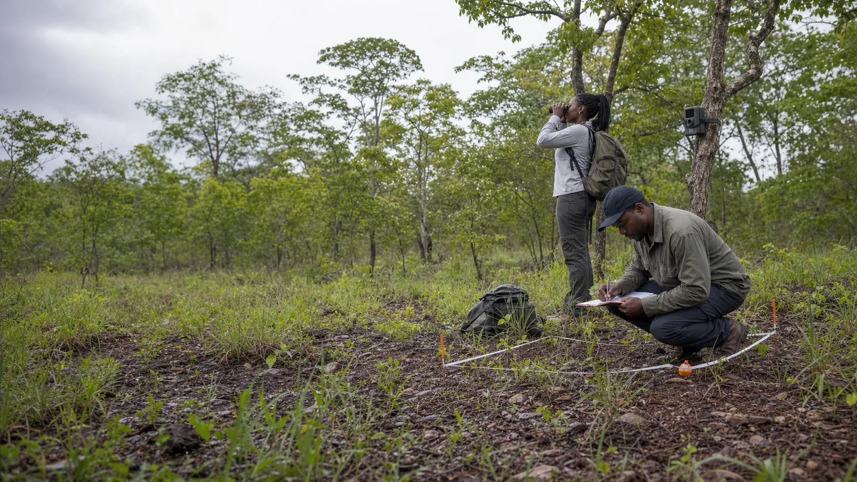 Ecologists conducting a biodiversity survey in miombo woodland