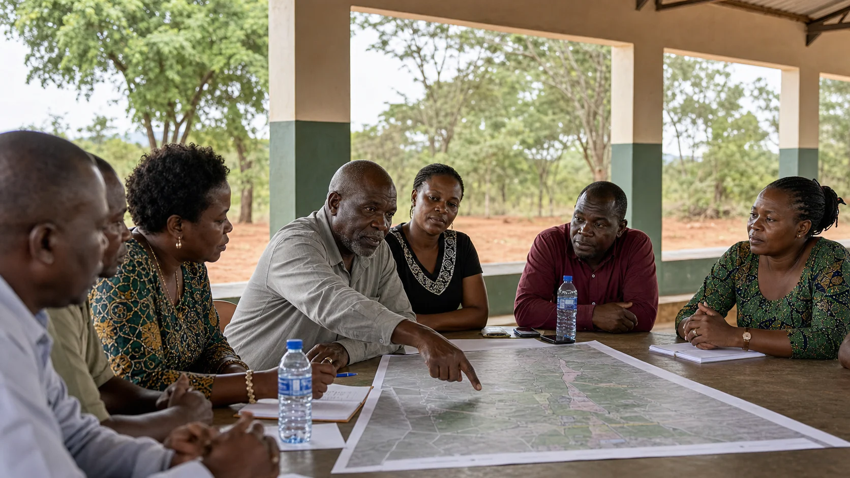Community representatives discussing a land-use map