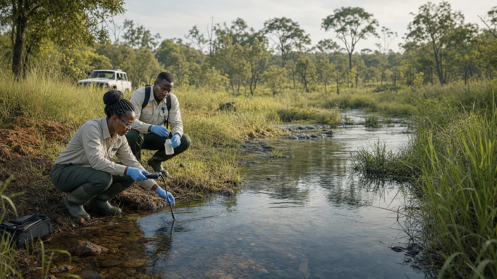 Environmental field team conducting a stream water baseline survey