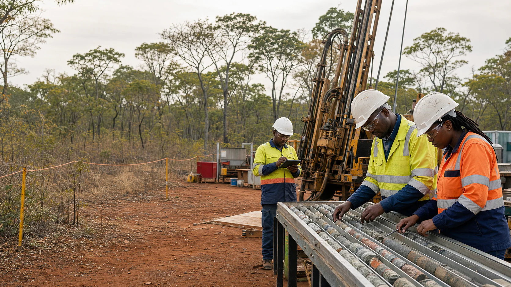 Geologists examining drill core at a mineral exploration site