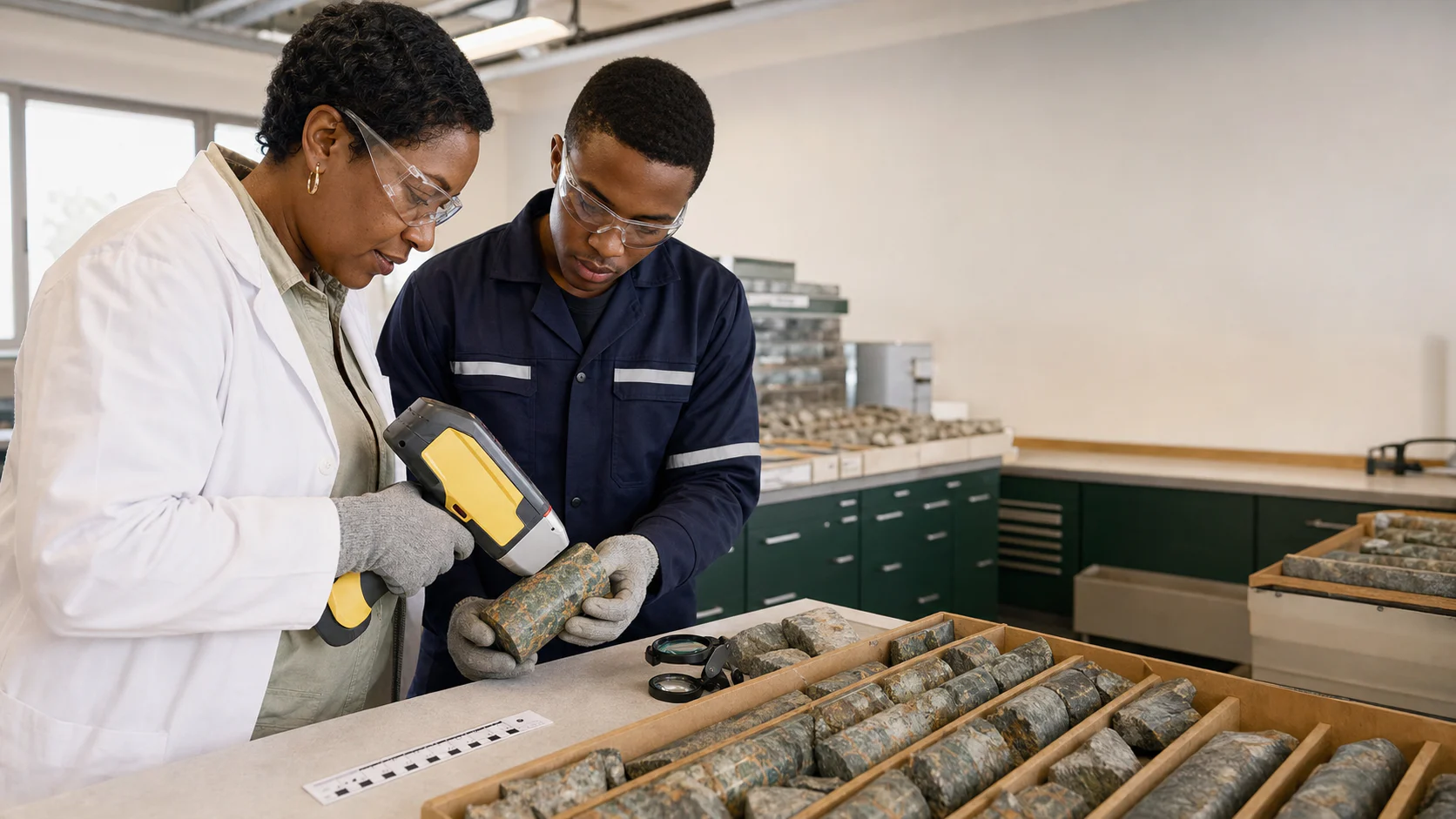 Geologists analysing drill core in a technical laboratory