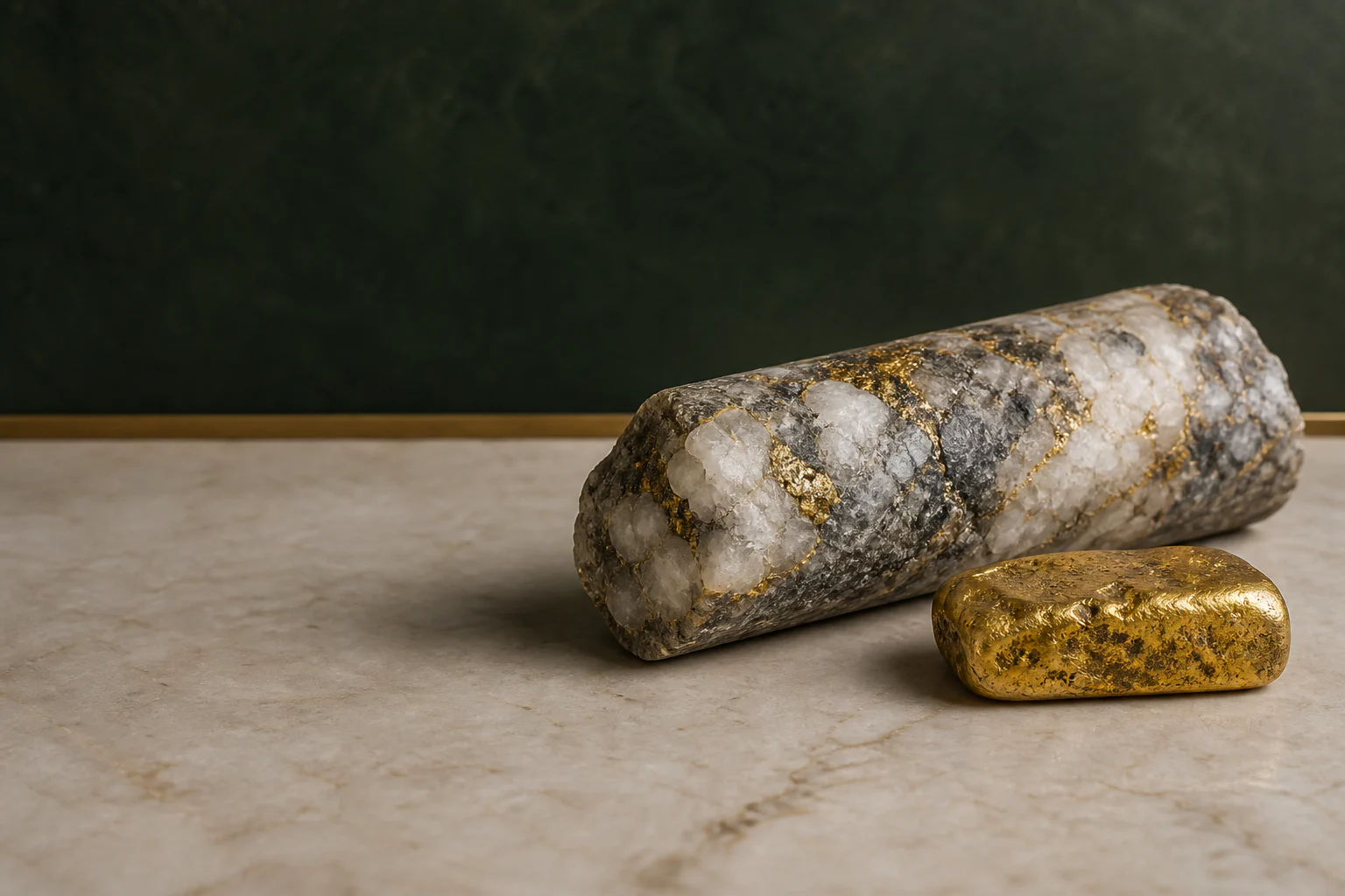 Gold-bearing quartz drill core and refined gold