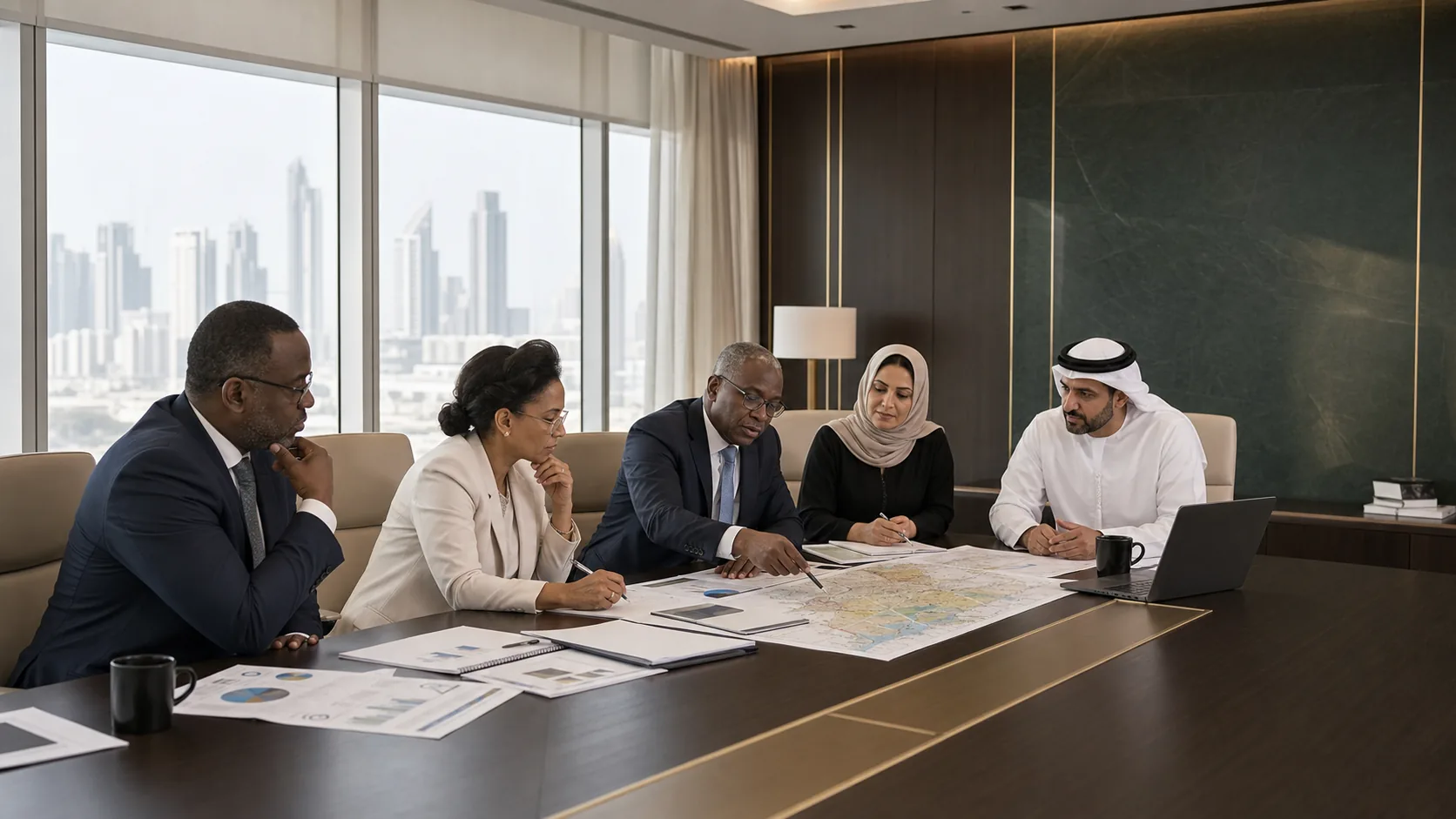 Colleagues reviewing project plans and a map around a meeting table