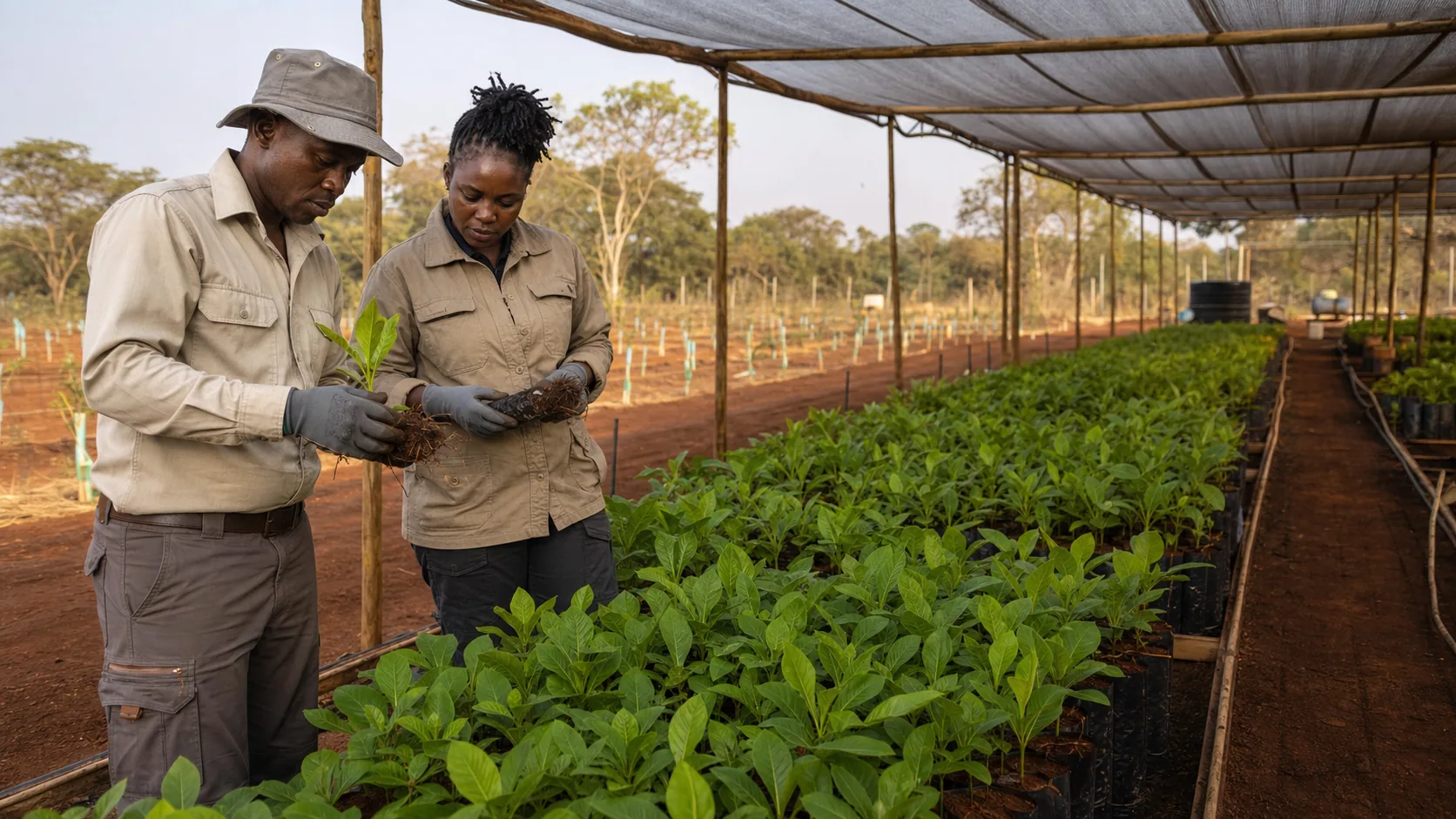 Restoration specialists inspecting native tree seedlings
