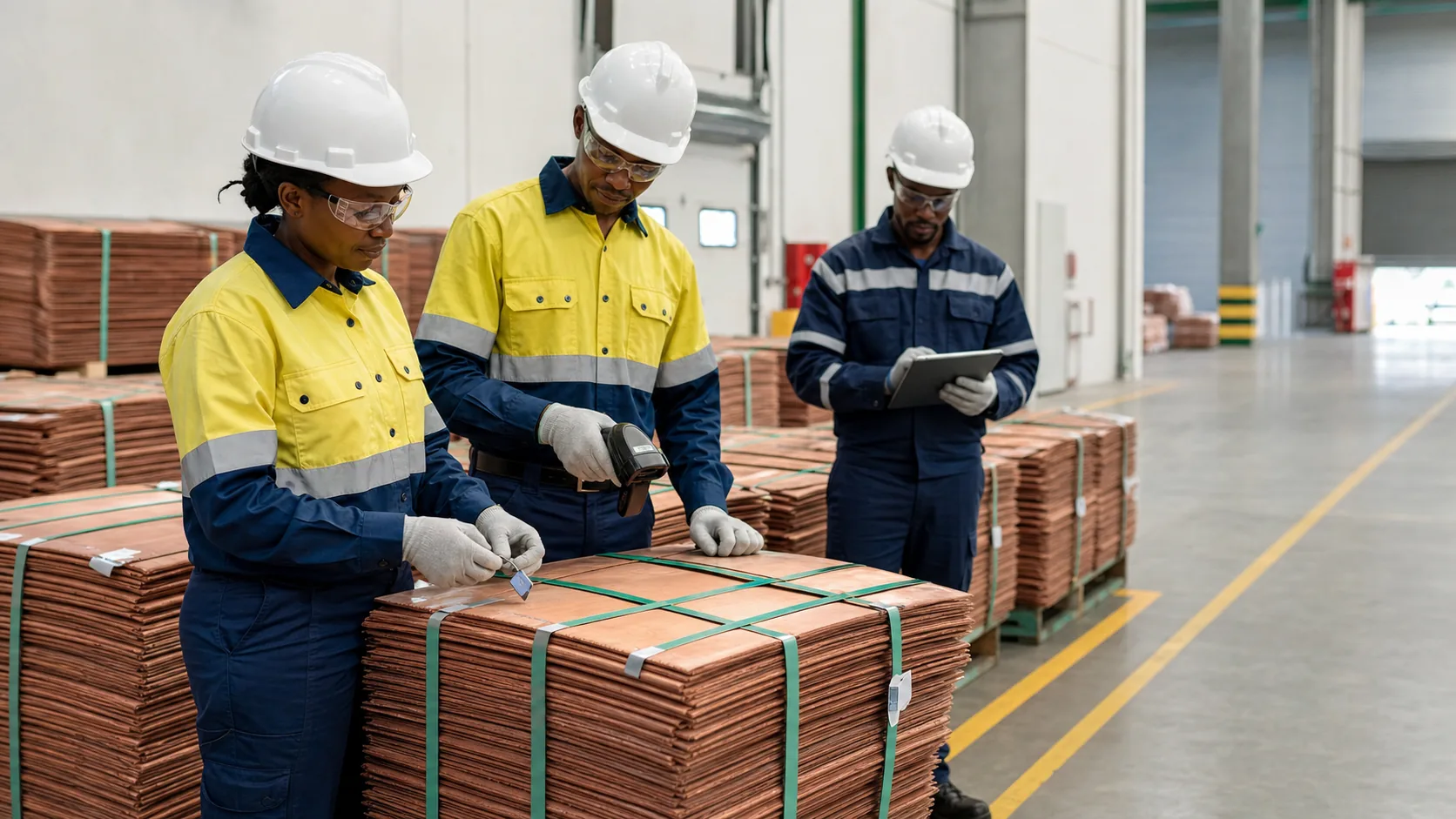 Compliance team inspecting traceability controls on copper cathodes