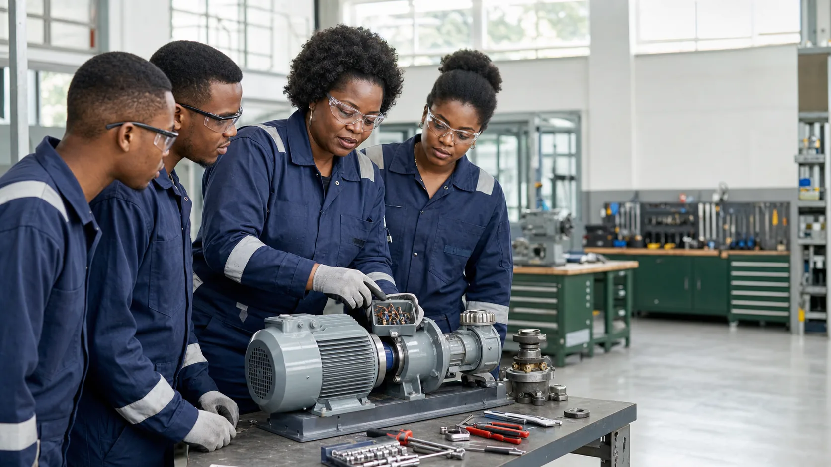 Technical instructor training apprentices on industrial equipment